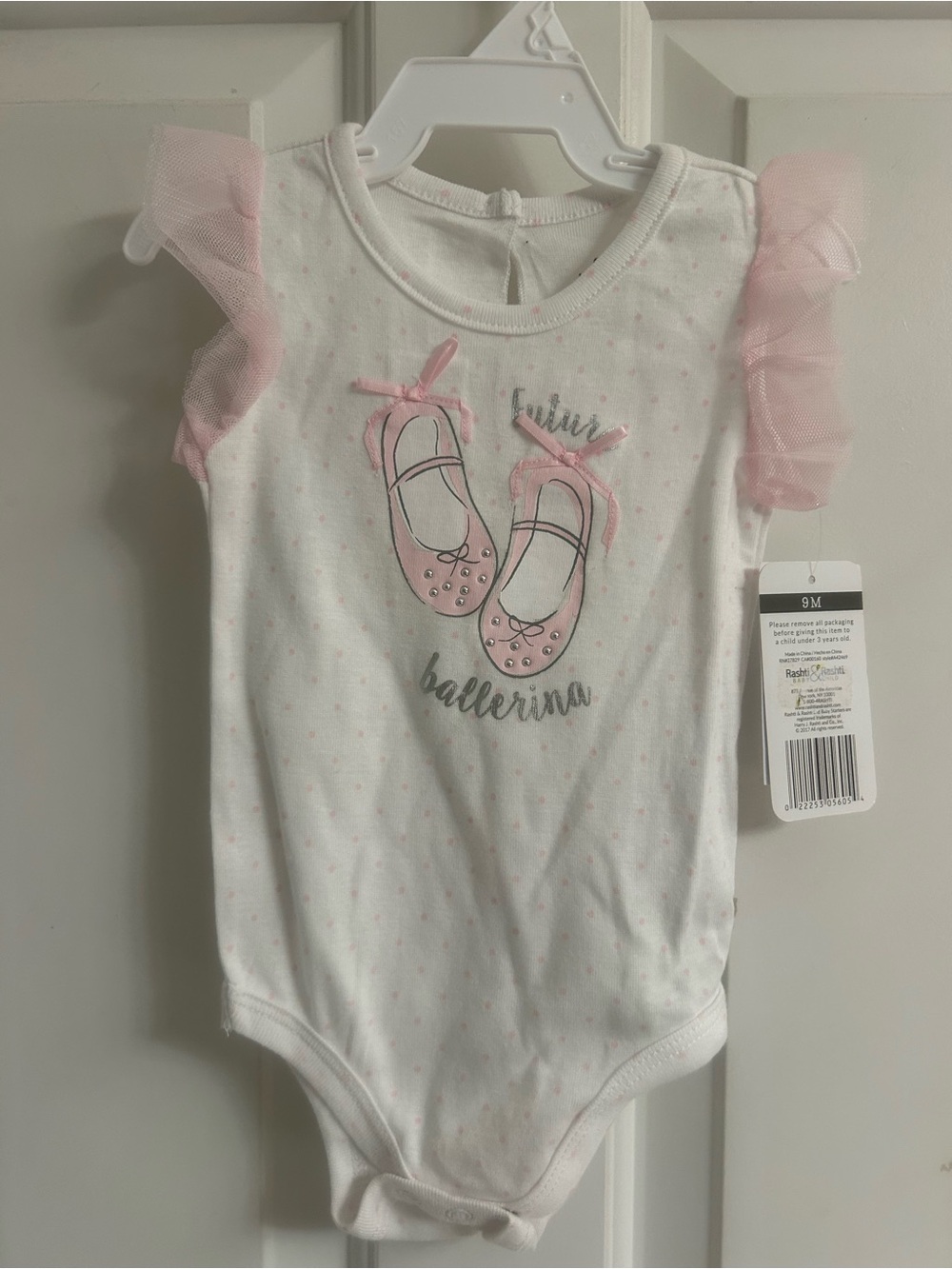 NWT-Baby Starters White Bodysuit with Pink Tulle Flutter Sleeves